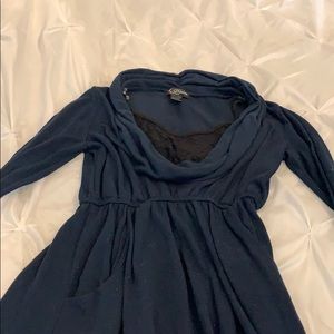 Blue sweater dress with black lace insert